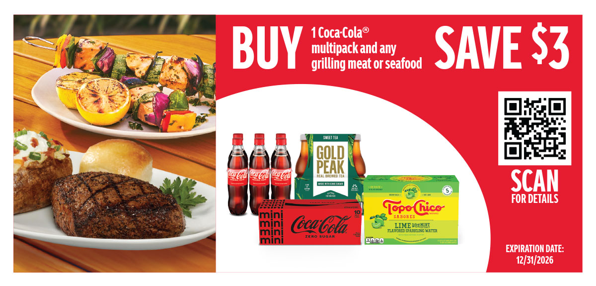 Buy 1 Coca-Cola multipack item and any grilling meat or seafood item and save $3 with rebate.